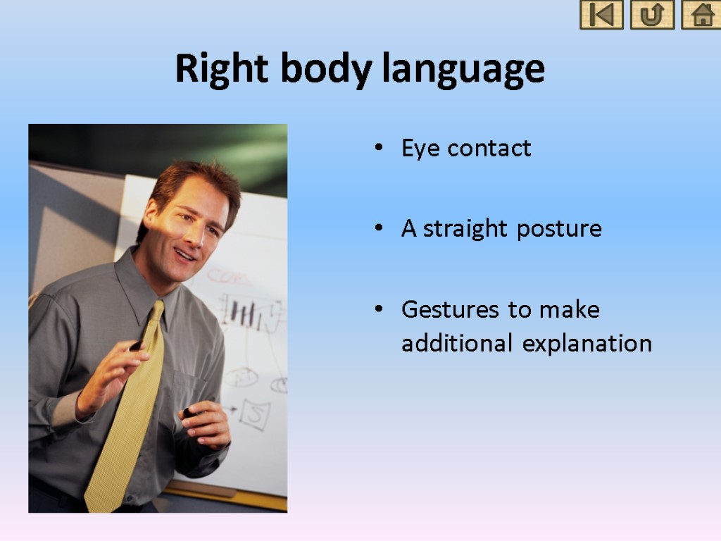 Right body language Eye contact A straight posture Gestures to make additional explanation